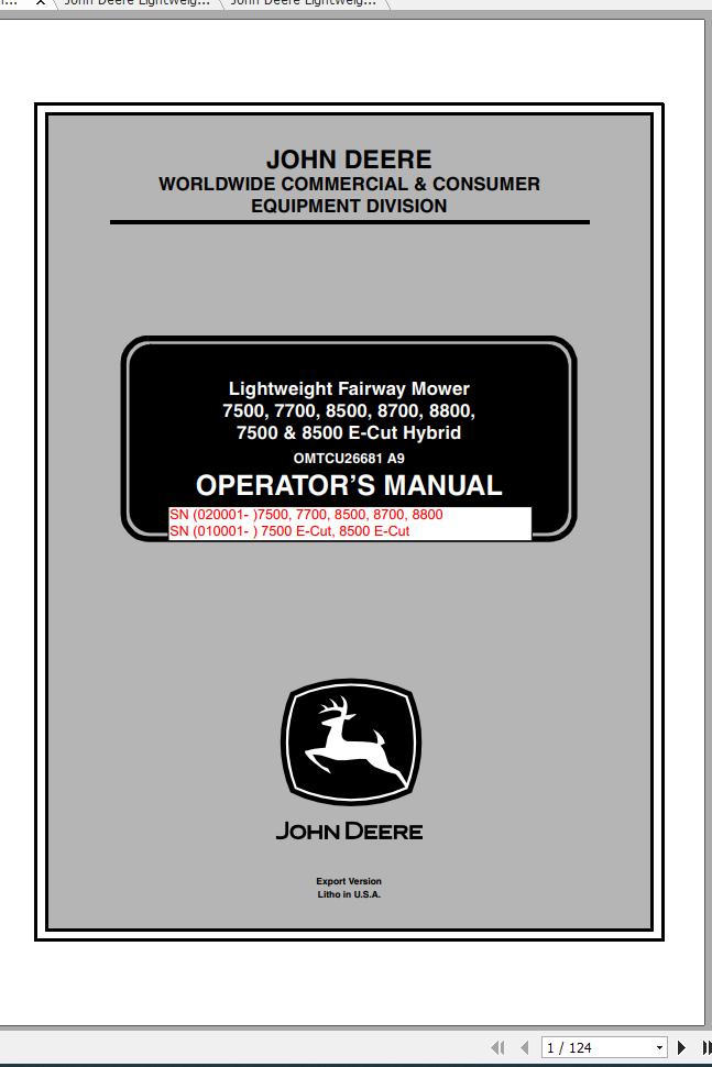 John Deere Lightweight Fairwar Mowers 7500 8500 E Cut Hybrid SN 020001 010001 Operators Manual 2009 1