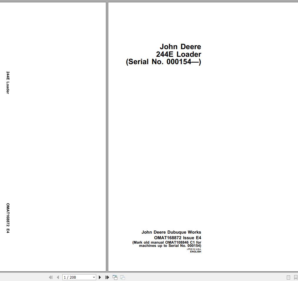 John Deere Loader 244E SN 000154 Operators Manual OMAT168872 E4 1