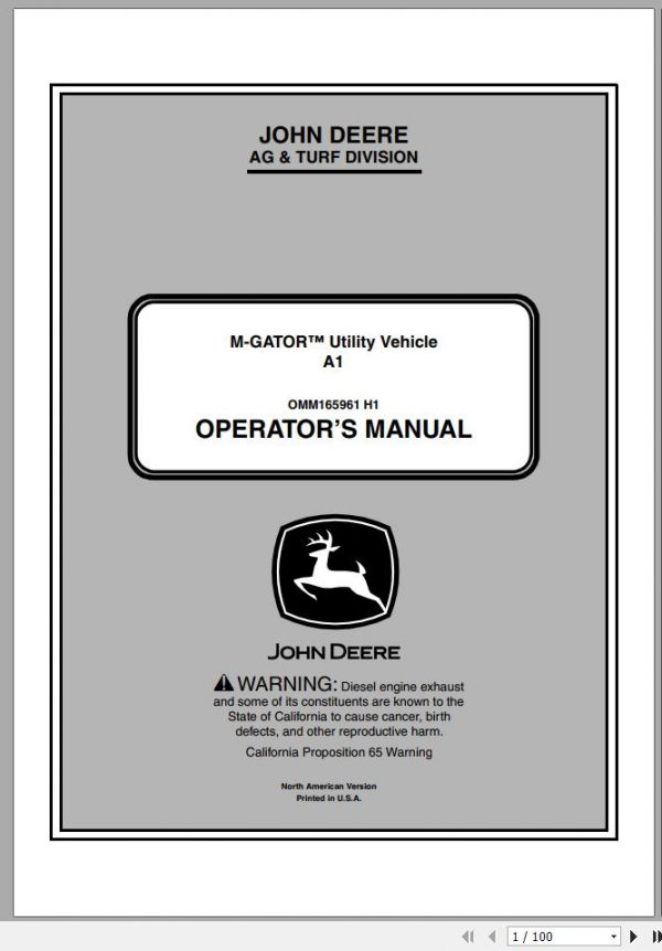John Deere M Gator Utility Vehicle A1 SN 090001 Operators Manual OMM165961 H1 2011 1