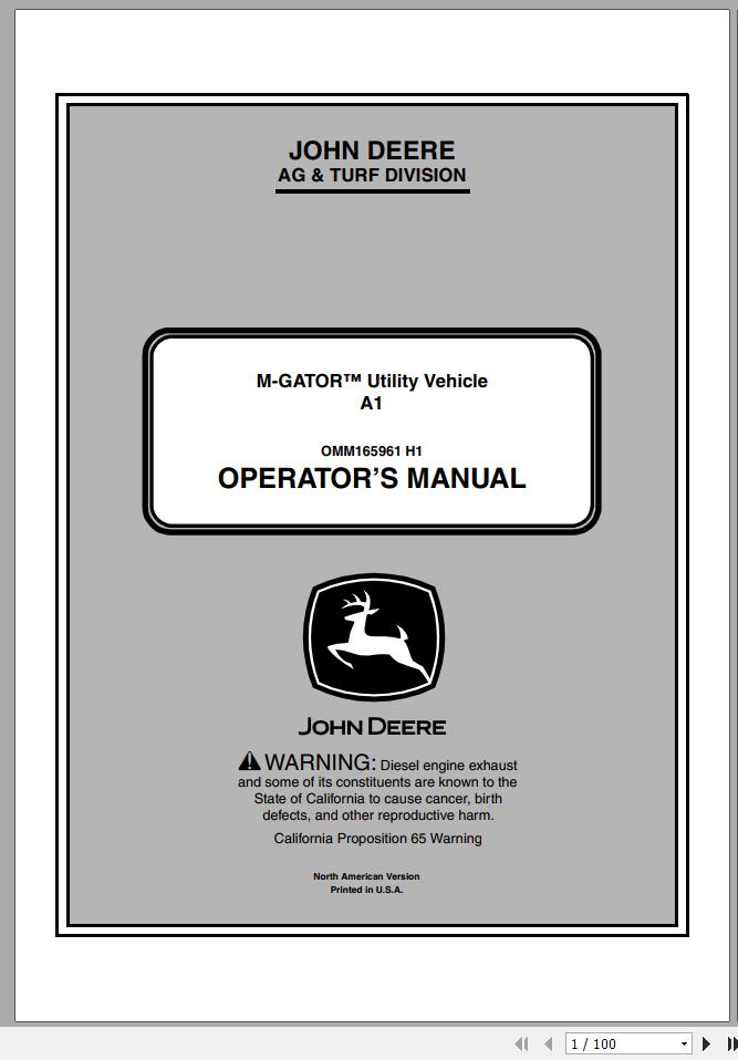 John Deere M Gator Utility Vehicle A1 SN 090001 Operators Manual OMM165961 H1 2011 1