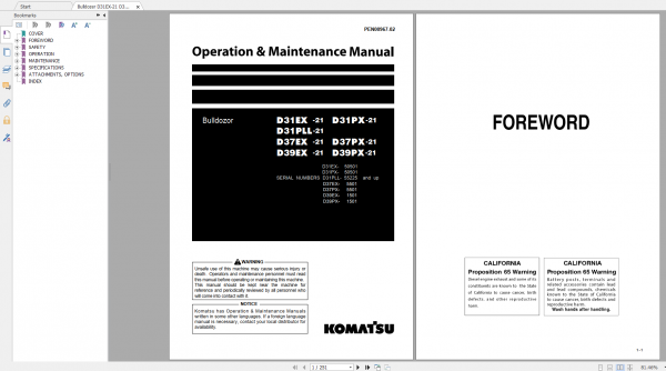 Komatsu Bulldozer D31EX 21 D31PX 21 D31PLL 21 D37EX 21 D37PX 21 D39EX 21 D39PX 21 Operation Maintenance Manual PEN00967 02 2019