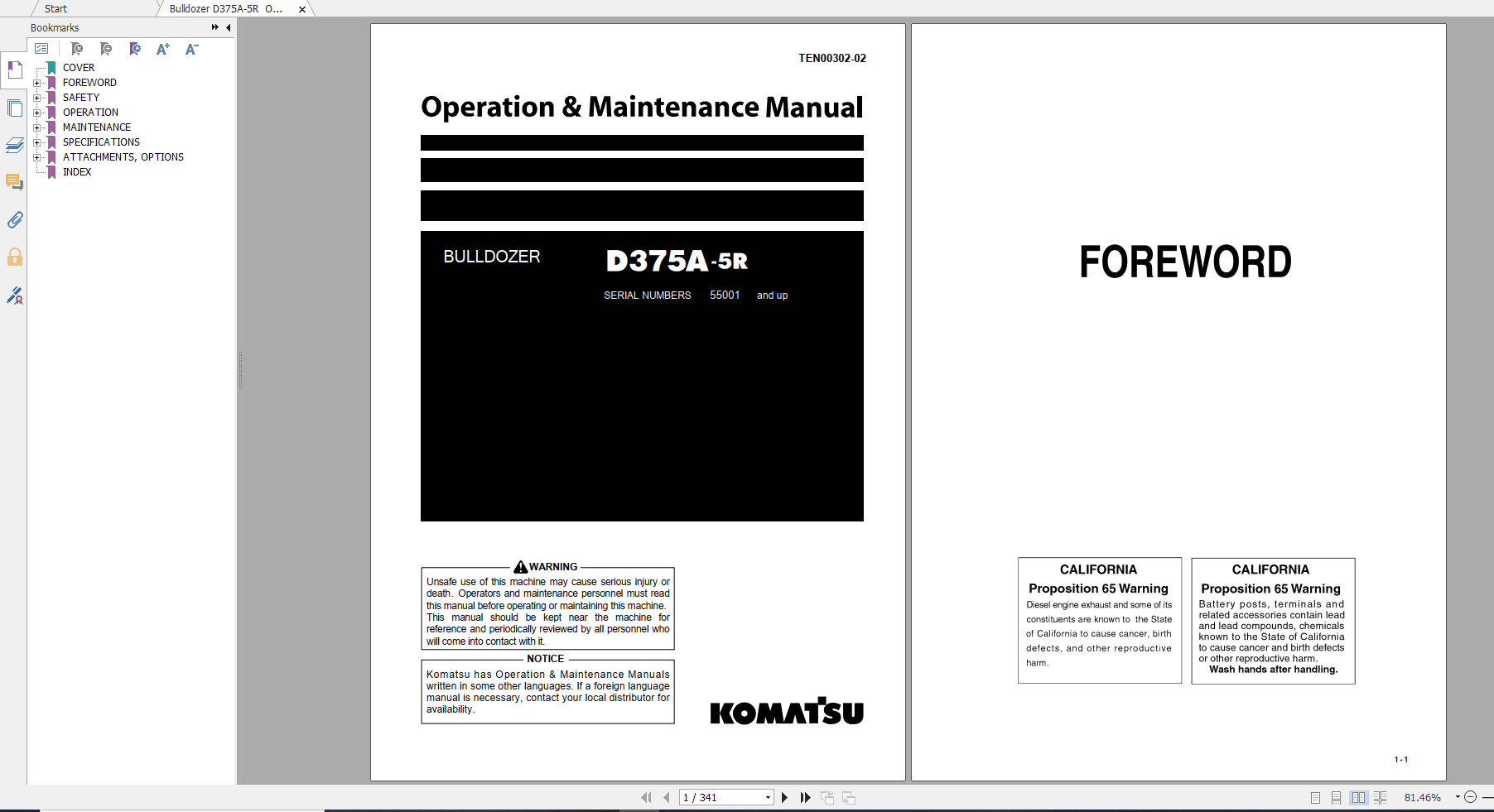 Komatsu Bulldozer D375A 5R Operation Maintenance Manual TEN00302 02 2008
