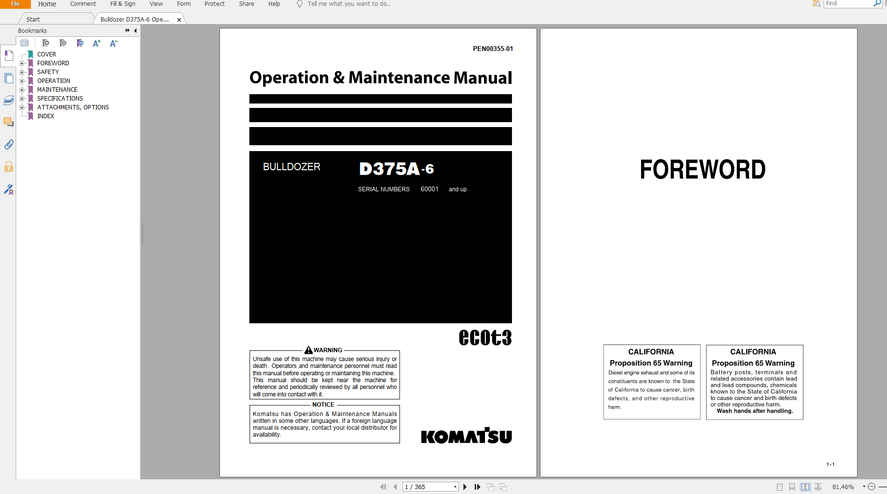 Komatsu Bulldozer D375A 6 Operation Maintenance Manual PEN00355 01 2010