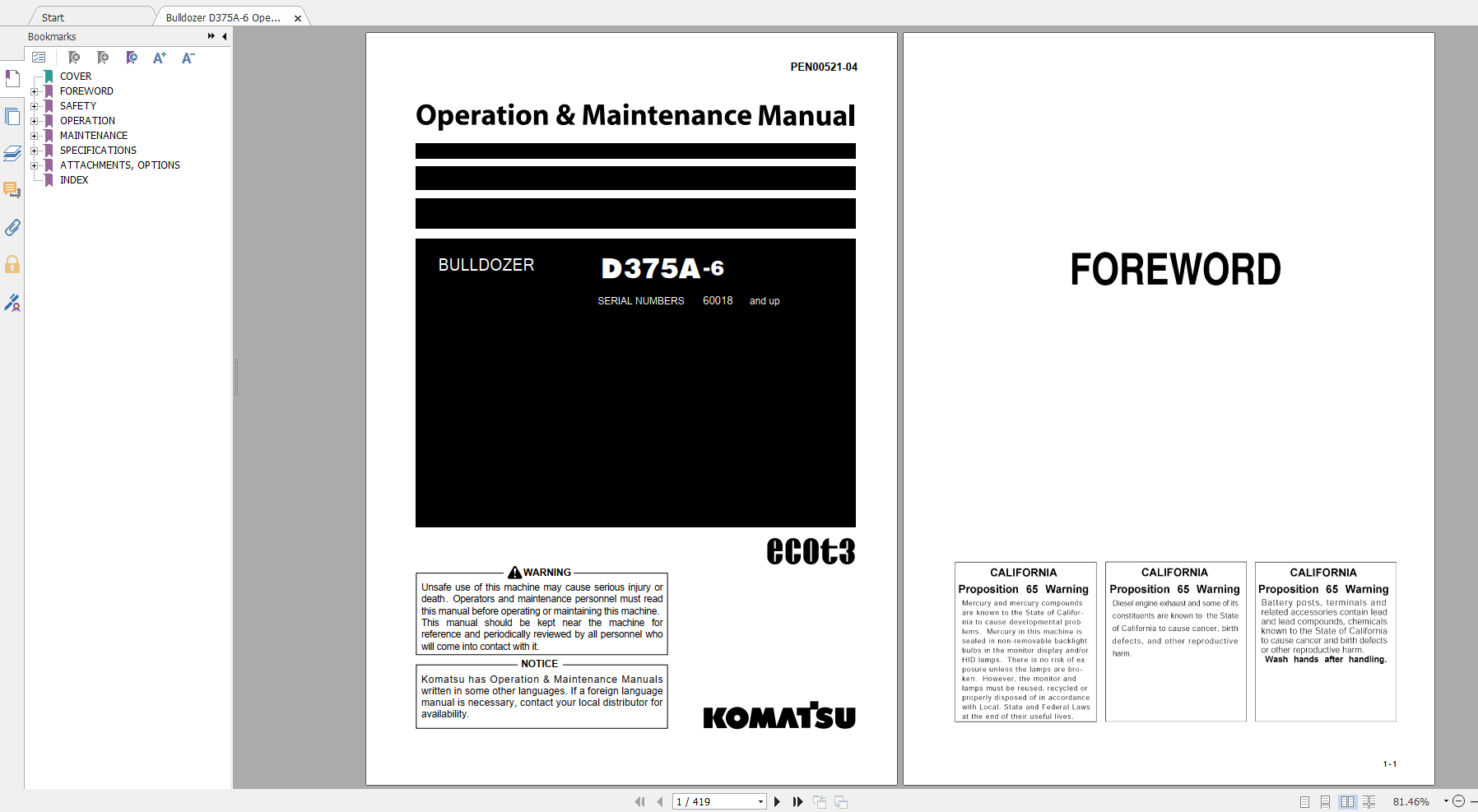 Komatsu Bulldozer D375A 6 Operation Maintenance Manual PEN00521 04 2014