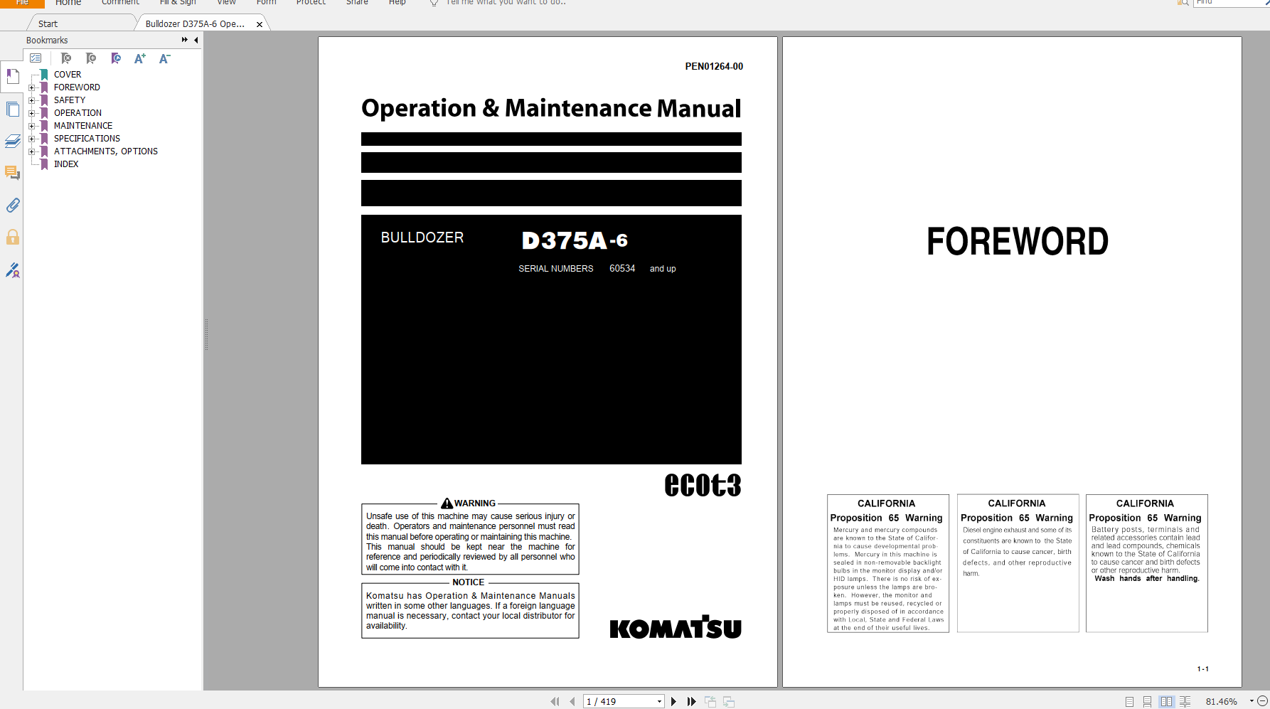 Komatsu Bulldozer D375A 6 Operation Maintenance Manual PEN01264 00 2019