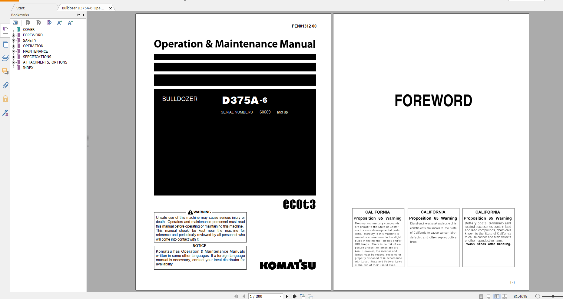 Komatsu Bulldozer D375A 6 Operation Maintenance Manual PEN01312 00 2019