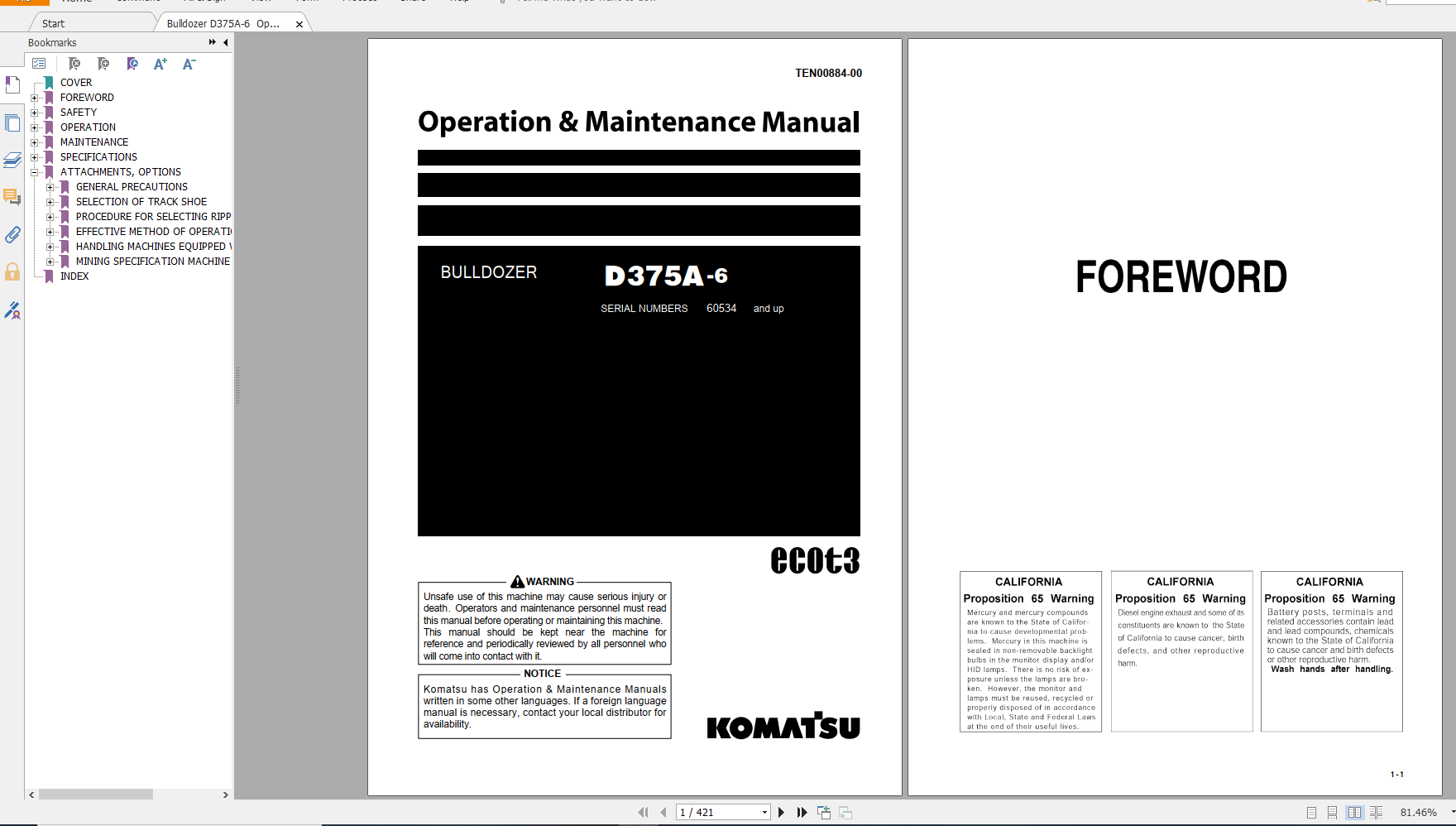 Komatsu Bulldozer D375A 6 Operation Maintenance Manual TEN00884 00 2019