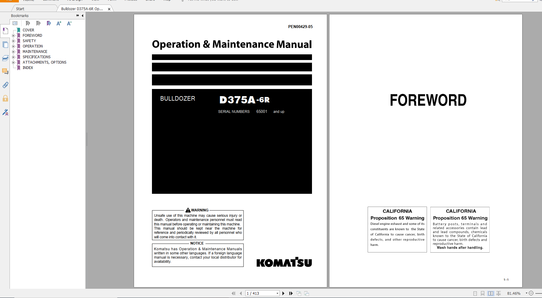 Komatsu Bulldozer D375A 6R Operation Maintenance Manual PEN00429 05 2017
