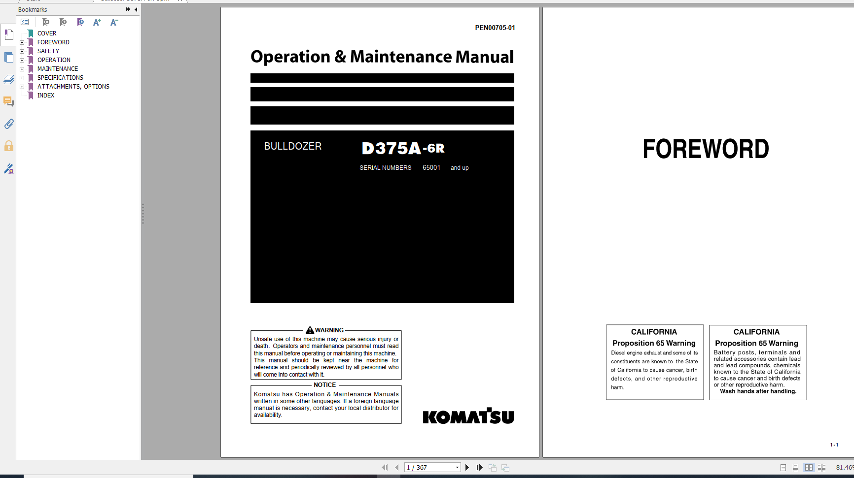Komatsu Bulldozer D375A 6R Operation Maintenance Manual PEN00705 01 2014