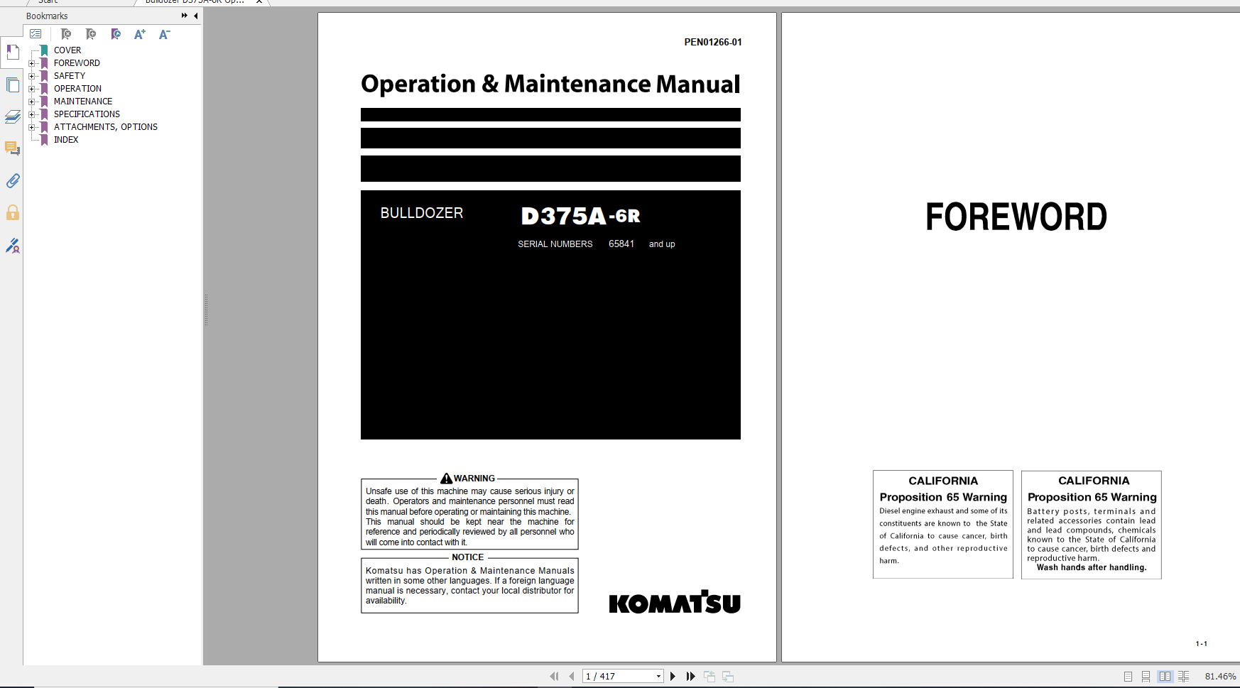 Komatsu Bulldozer D375A 6R Operation Maintenance Manual PEN01266 01 2019