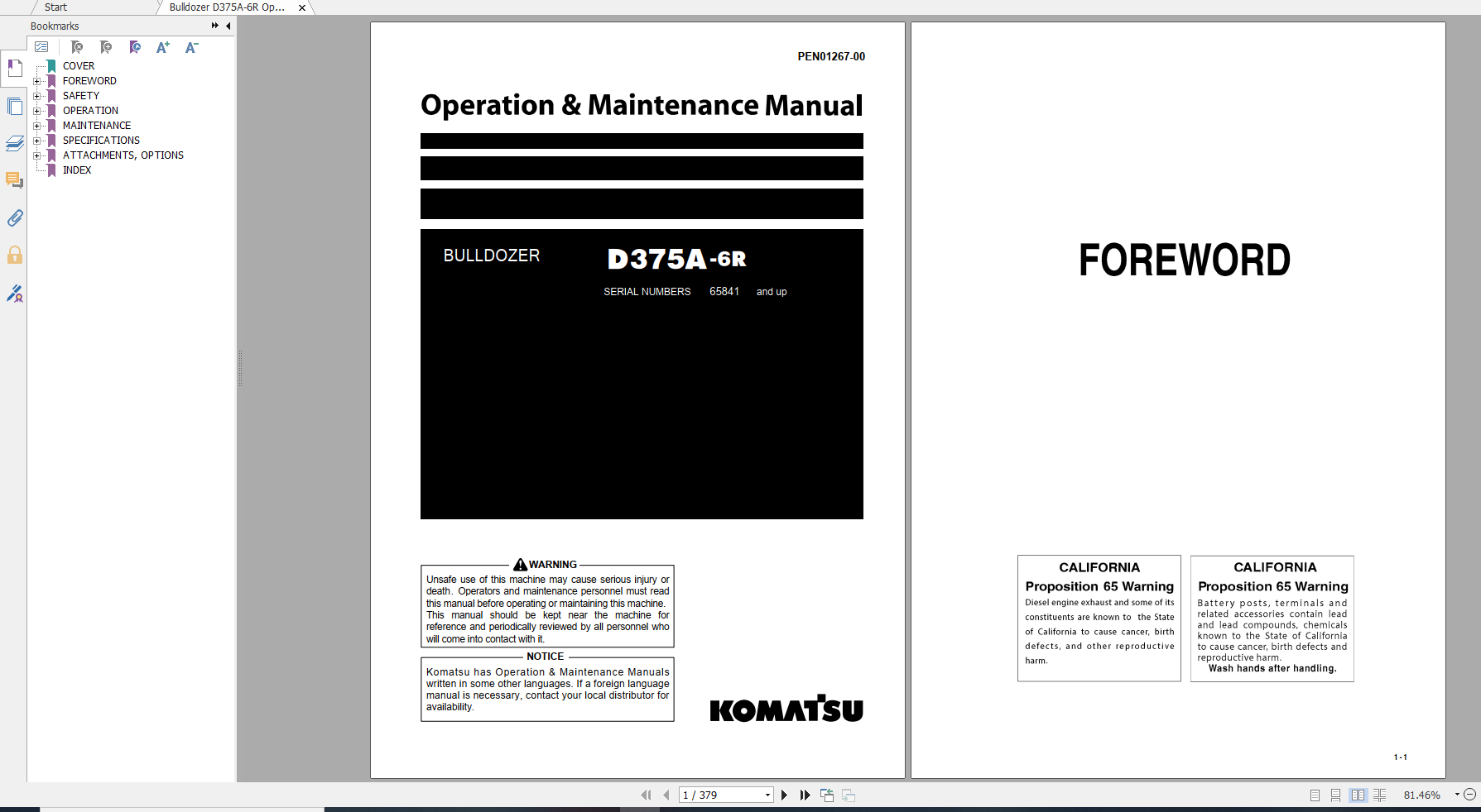 Komatsu Bulldozer D375A 6R Operation Maintenance Manual PEN01267 00 2019