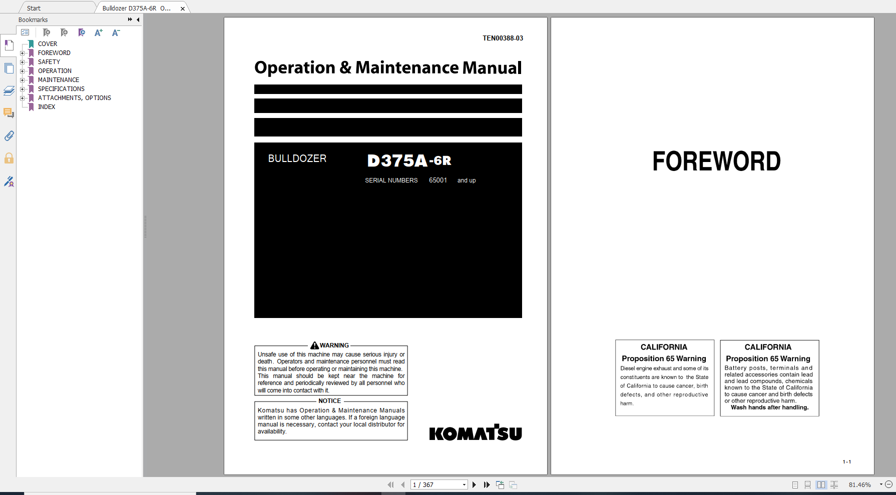 Komatsu Bulldozer D375A 6R Operation Maintenance Manual TEN00388 03 2014