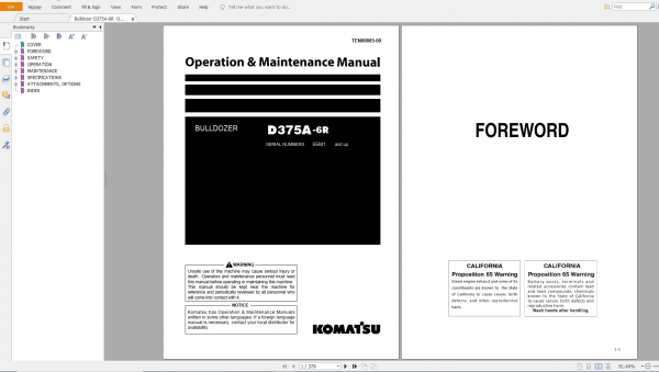 Komatsu Bulldozer D375A 6R Operation Maintenance Manual TEN00885 00 2019