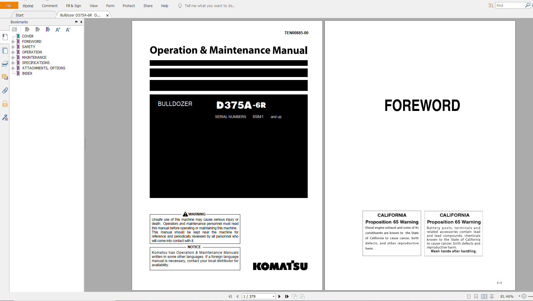 Komatsu Bulldozer D375A 6R Operation Maintenance Manual TEN00885 00 2019