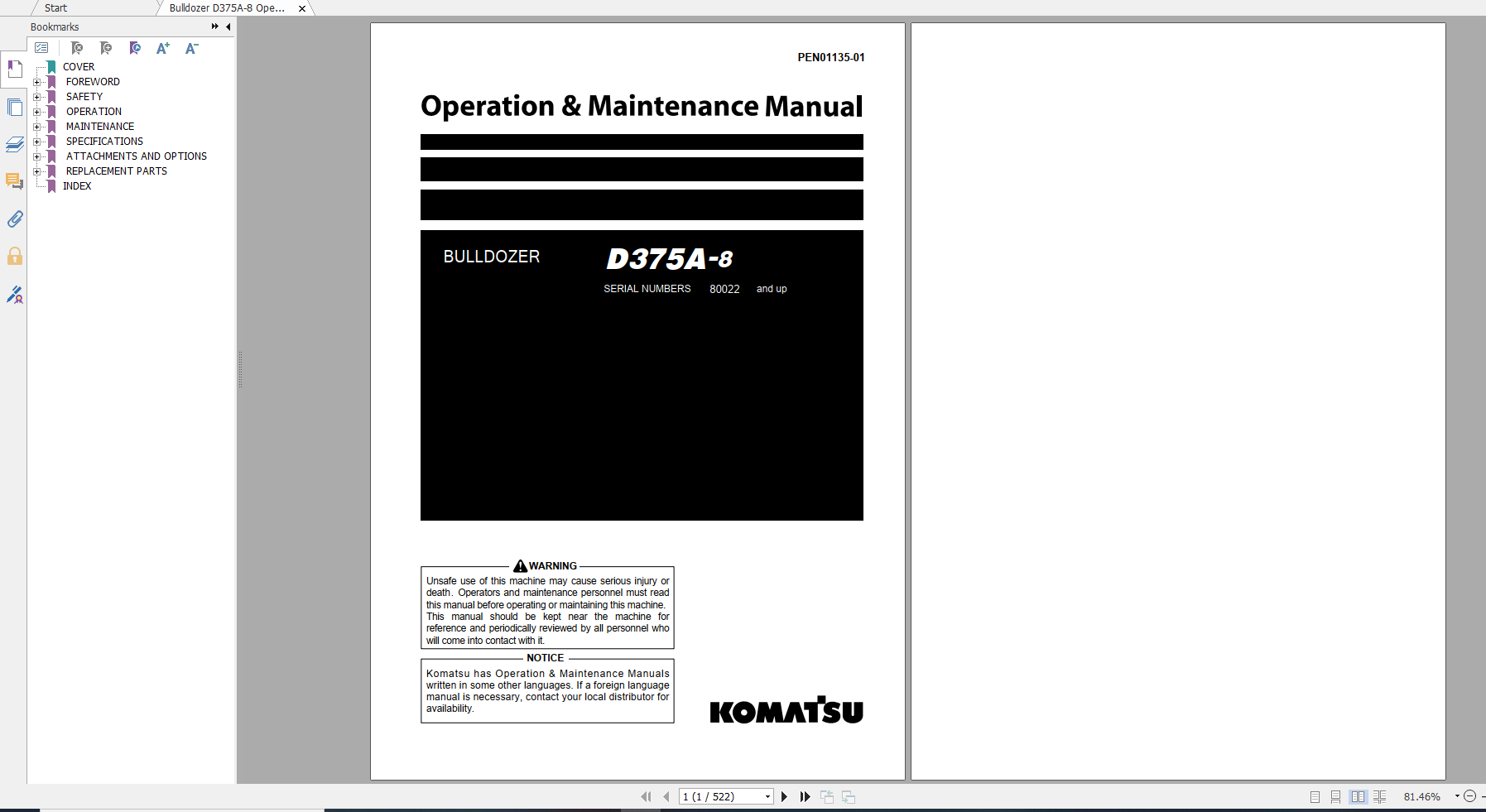 Komatsu Bulldozer D375A 8 Operation Maintenance Manual PEN01135 01 2019