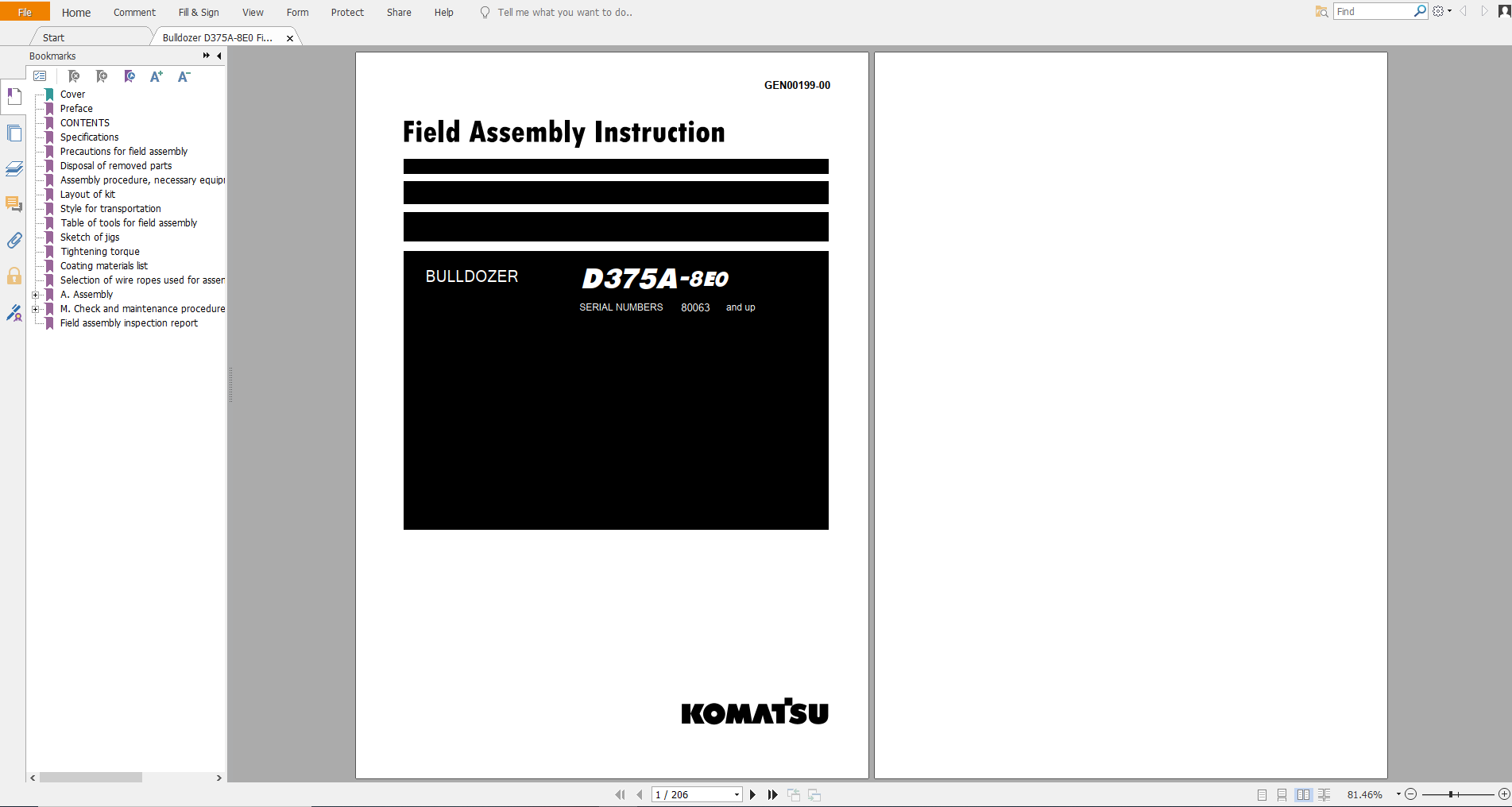 Komatsu Bulldozer D375A 8E0 Field Assembly Instruction GEN00199 00