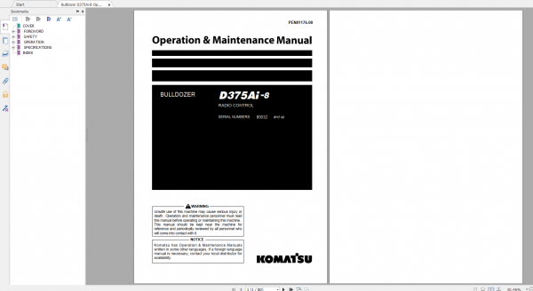 Komatsu Bulldozer D375Ai 8 Operation Maintenance Manual PEN01176 00 2019