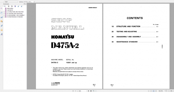 Komatsu Bulldozer D475A 2 Shop Manual SEBM019M0207 1995