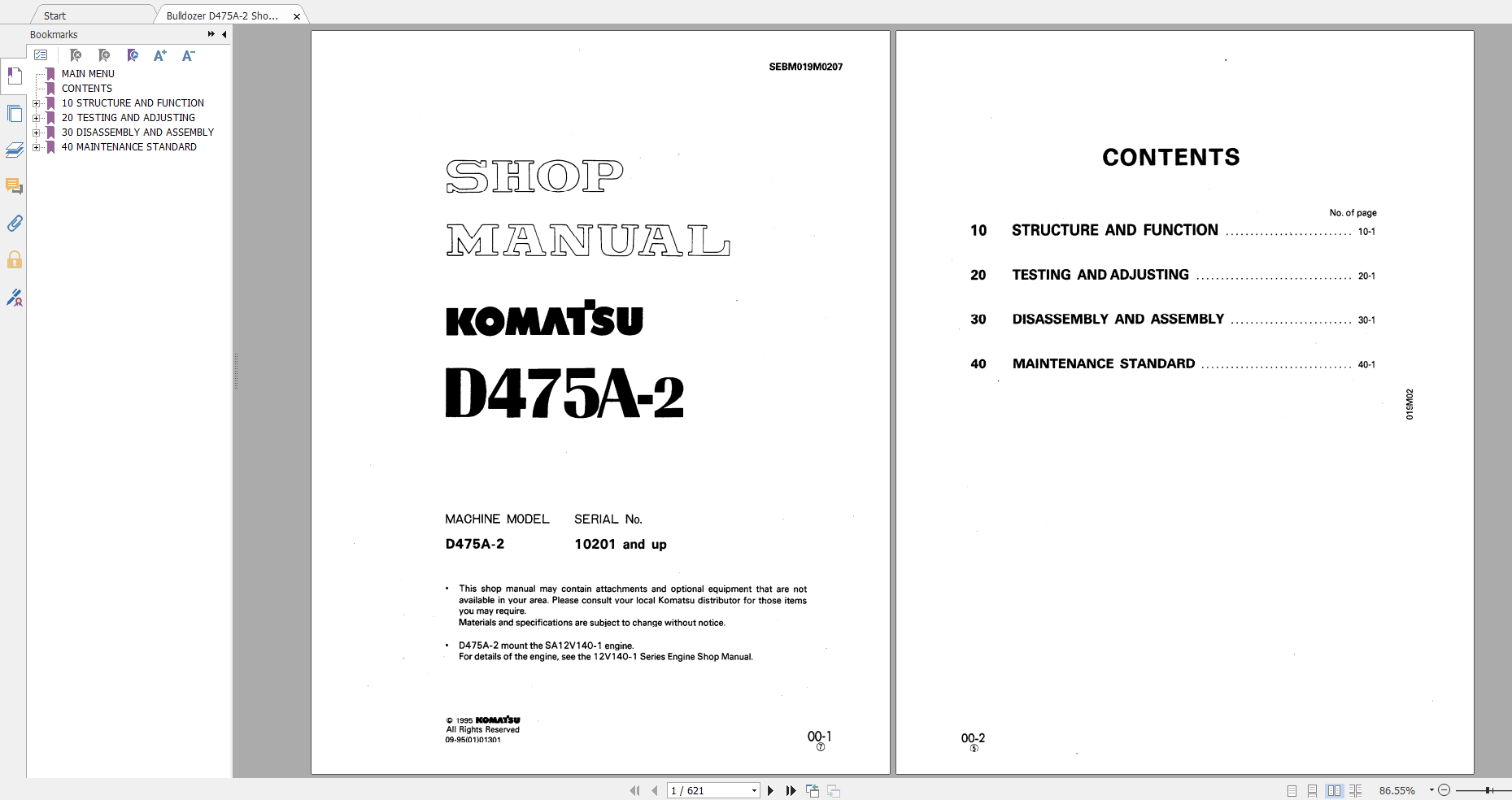 Komatsu Bulldozer D475A 2 Shop Manual SEBM019M0207 1995