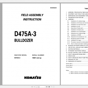 Komatsu Bulldozer D475A 3 Field Assembly Instruction SEAW002301 2000