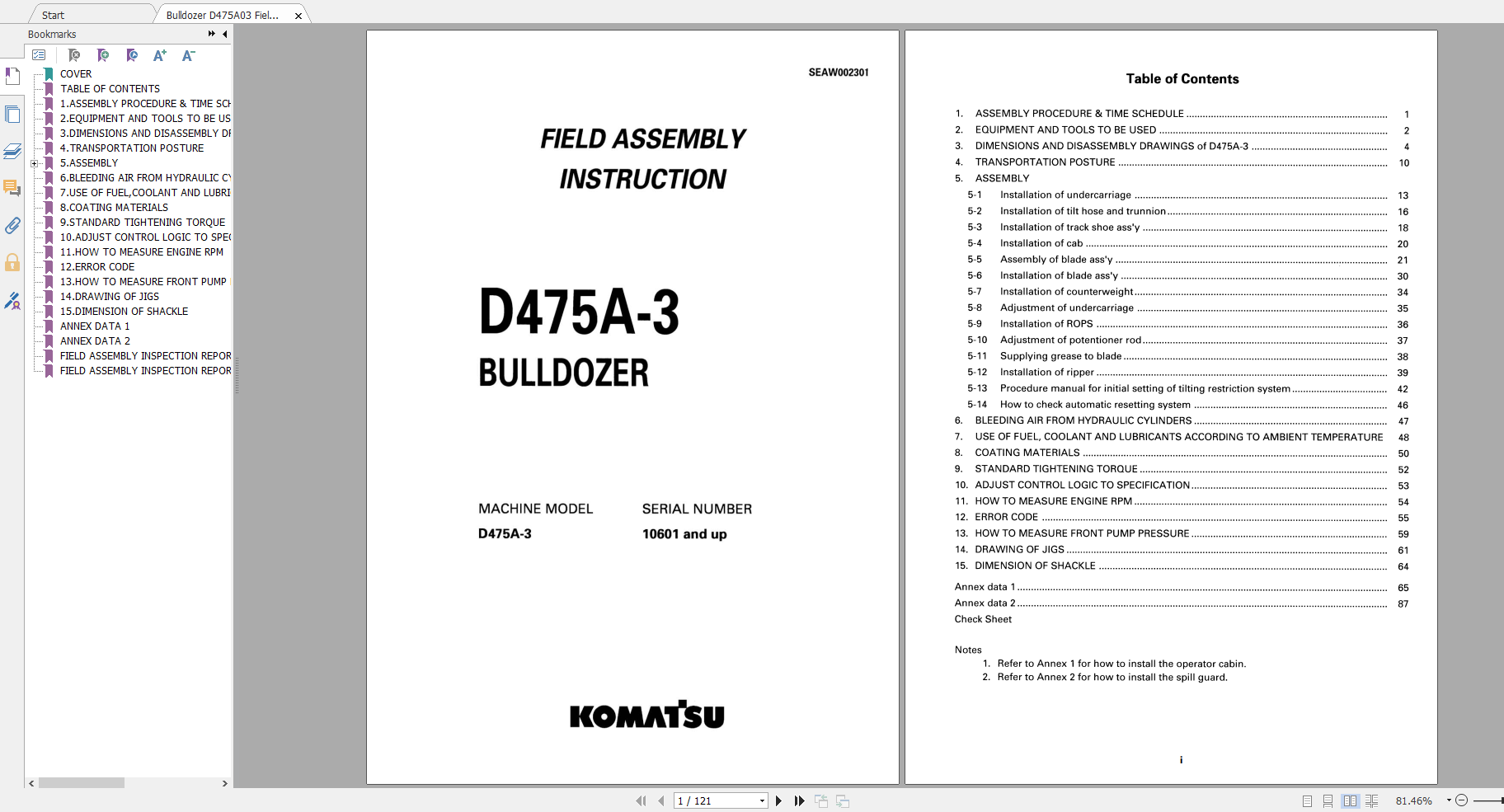 Komatsu Bulldozer D475A 3 Field Assembly Instruction SEAW002301 2000