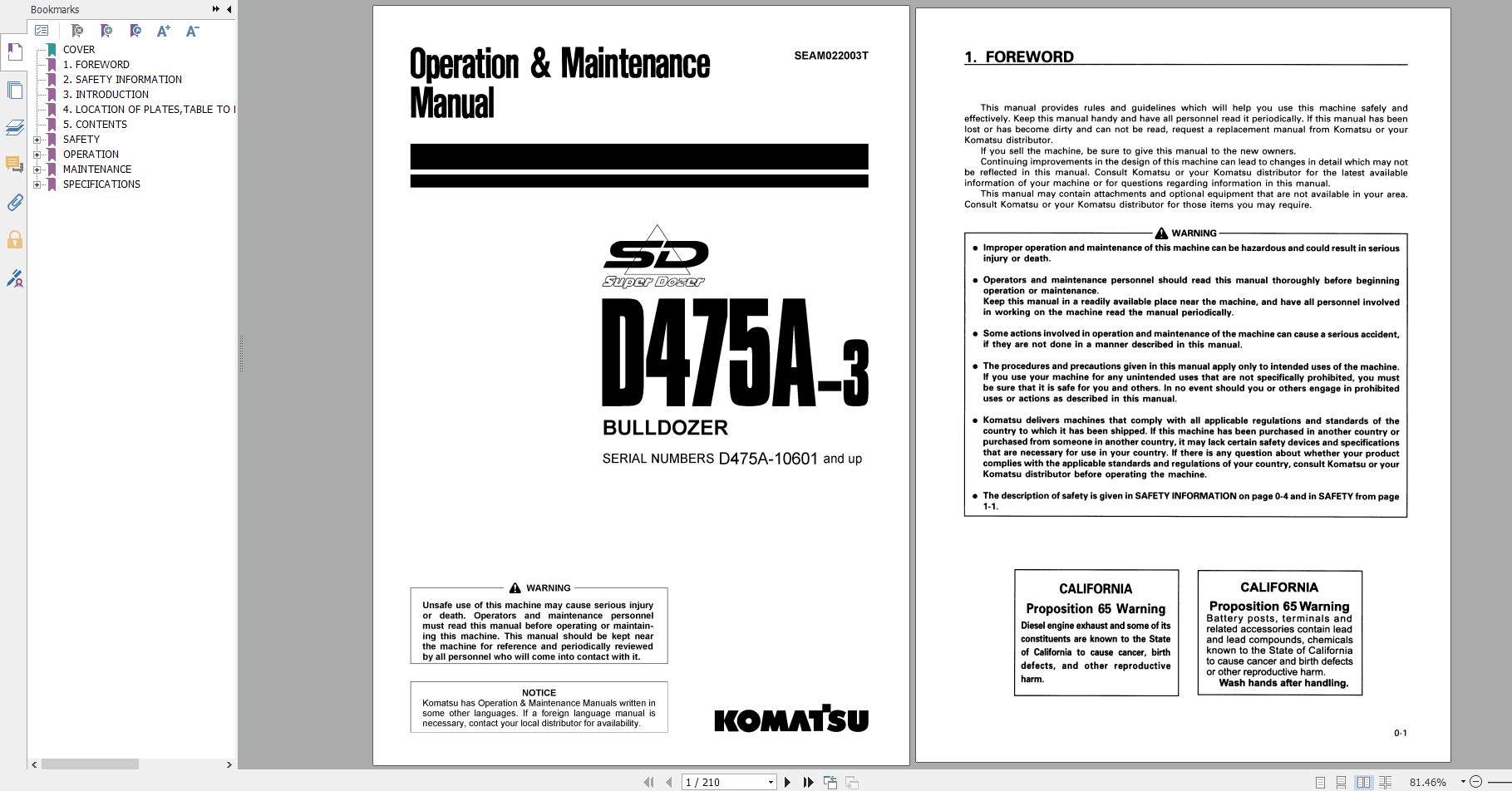 Komatsu Bulldozer D475A 3 Operation Maintenance Manual SEAM022003T 2000