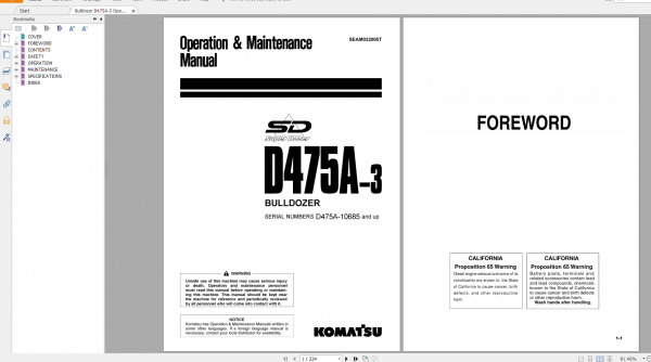 Komatsu Bulldozer D475A 3 Operation Maintenance Manual SEAM022005T 2001 Komatsu Bulldozer D475A 3 Operation Maintenance Manual SEAM022005T 2001