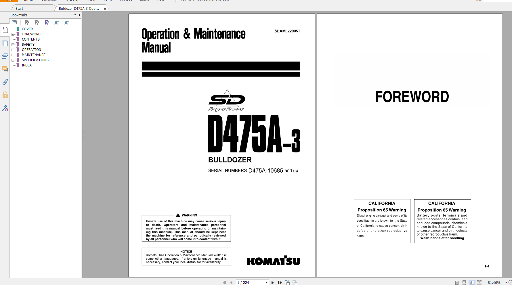 Komatsu Bulldozer D475A 3 Operation Maintenance Manual SEAM022005T 2001