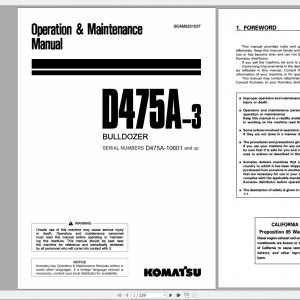 Komatsu Bulldozer D475A 3 Operation Maintenance Manual SEAM025103T 2000
