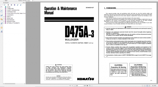 Komatsu Bulldozer D475A 3 Operation Maintenance Manual SEAM025103T 2000