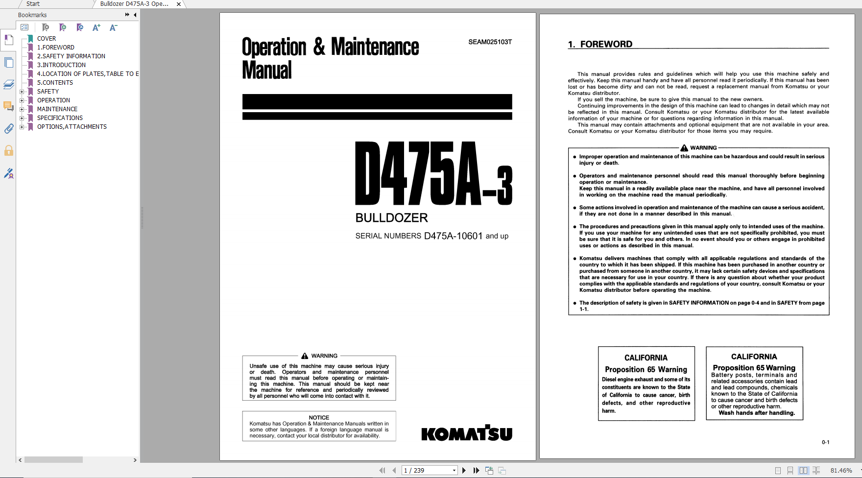 Komatsu Bulldozer D475A 3 Operation Maintenance Manual SEAM025103T 2000
