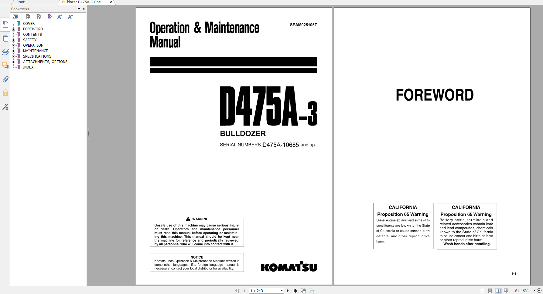 Komatsu Bulldozer D475A 3 Operation Maintenance Manual SEAM025105T 2001