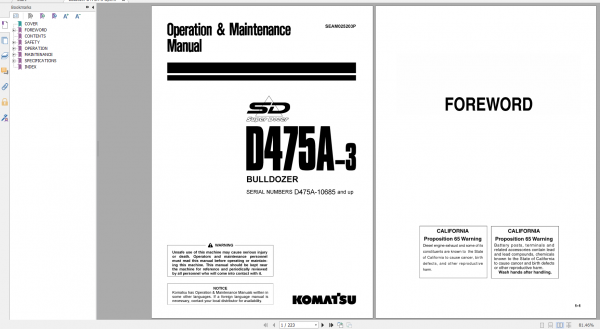 Komatsu Bulldozer D475A 3 Operation Maintenance Manual SEAM025203P 2001