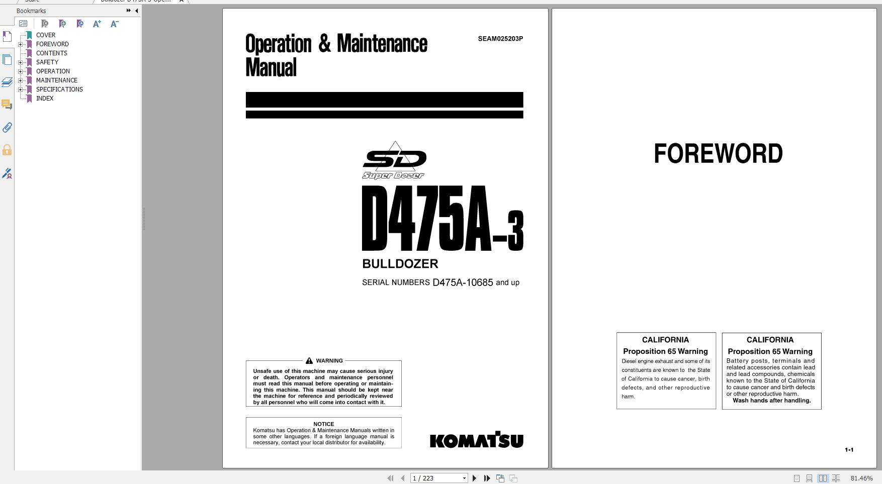 Komatsu Bulldozer D475A 3 Operation Maintenance Manual SEAM025203P 2001