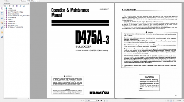 Komatsu Bulldozer D475A 3 Operation Maintenance Manual SEAM025301P 1999