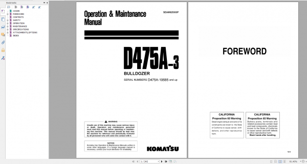 Komatsu Bulldozer D475A 3 Operation Maintenance Manual SEAM025303P 2001