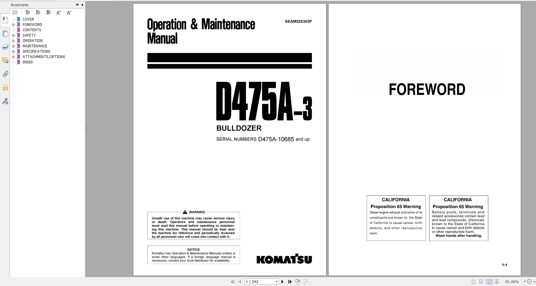 Komatsu Bulldozer D475A 3 Operation Maintenance Manual SEAM025303P 2001