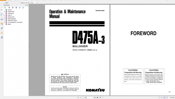 Komatsu Bulldozer D475A 3 Operation Maintenance Manual SEAM047900P 2002