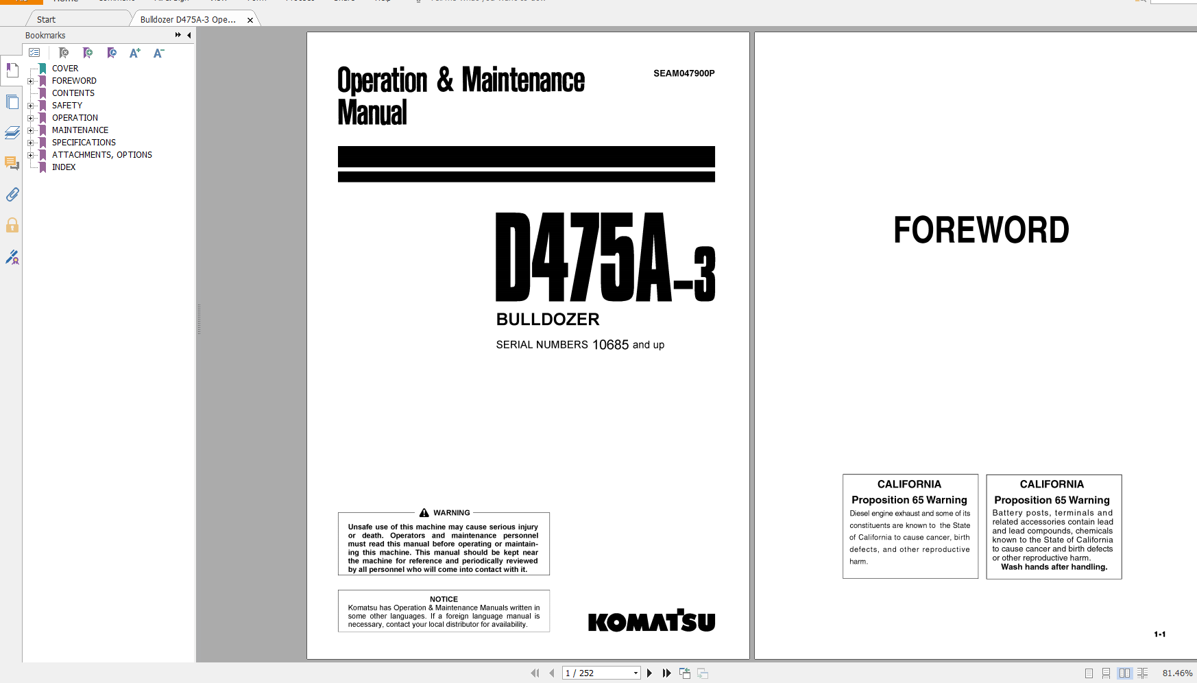Komatsu Bulldozer D475A 3 Operation Maintenance Manual SEAM047900P 2002