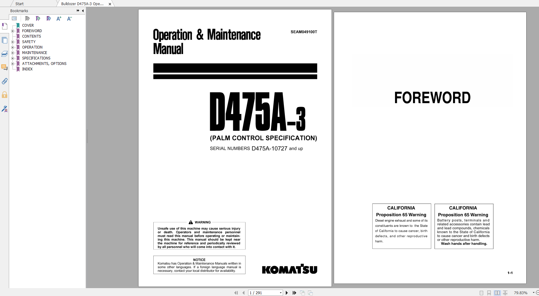 Komatsu Bulldozer D475A 3 Operation Maintenance Manual SEAM049100T 2002