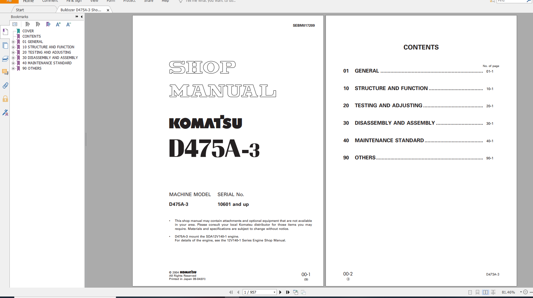 Komatsu Bulldozer D475A 3 Shop Manual SEBM017209 2004