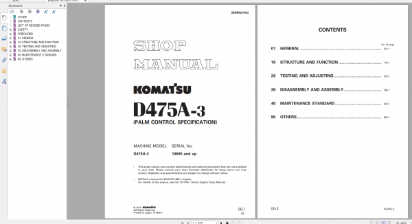 Komatsu Bulldozer D475A 3 Shop Manual SEBM027503 2018