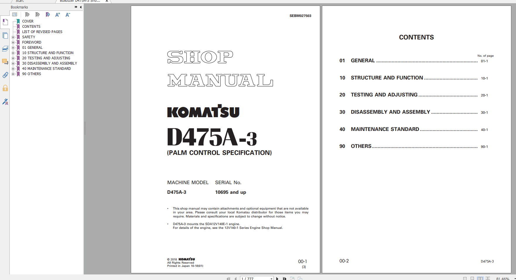 Komatsu Bulldozer D475A 3 Shop Manual SEBM027503 2018