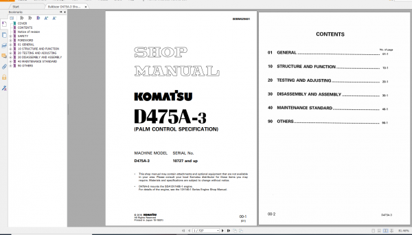 Komatsu Bulldozer D475A 3 Shop Manual SEBM029001 2018