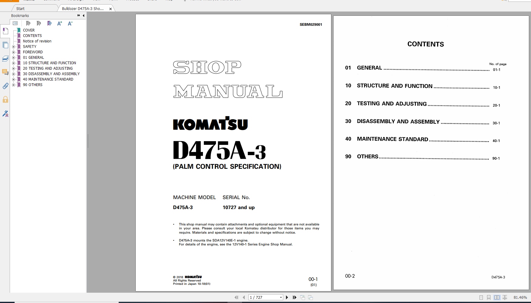 Komatsu Bulldozer D475A 3 Shop Manual SEBM029001 2018