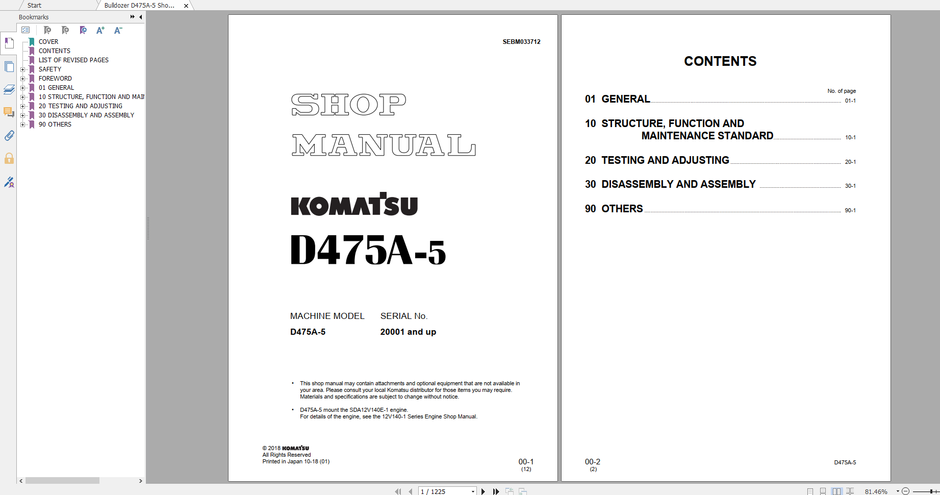 Komatsu Bulldozer D475A 5 Shop Manual SEBM033712 2018