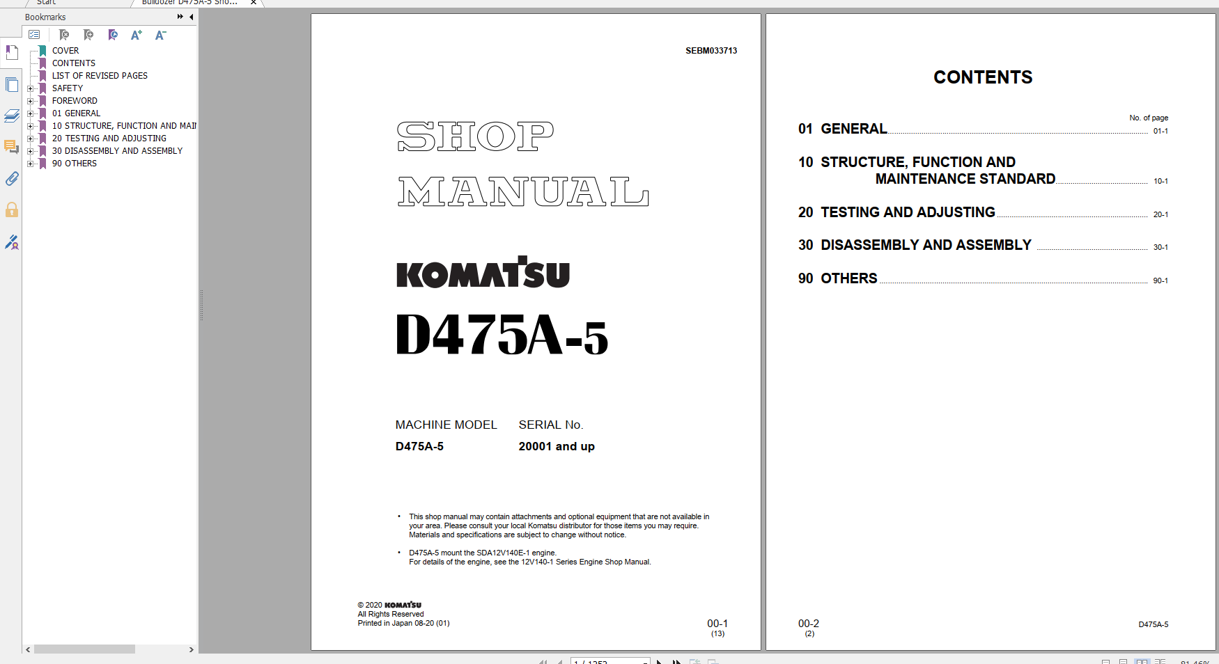 Komatsu Bulldozer D475A 5 Shop Manual SEBM033713 2020