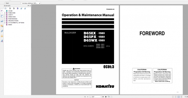 Komatsu Bulldozer D65EX 15E0 D65PX 15E0 D65WX 15E0 Operation Maintenance Manual PEN00092 06 2008