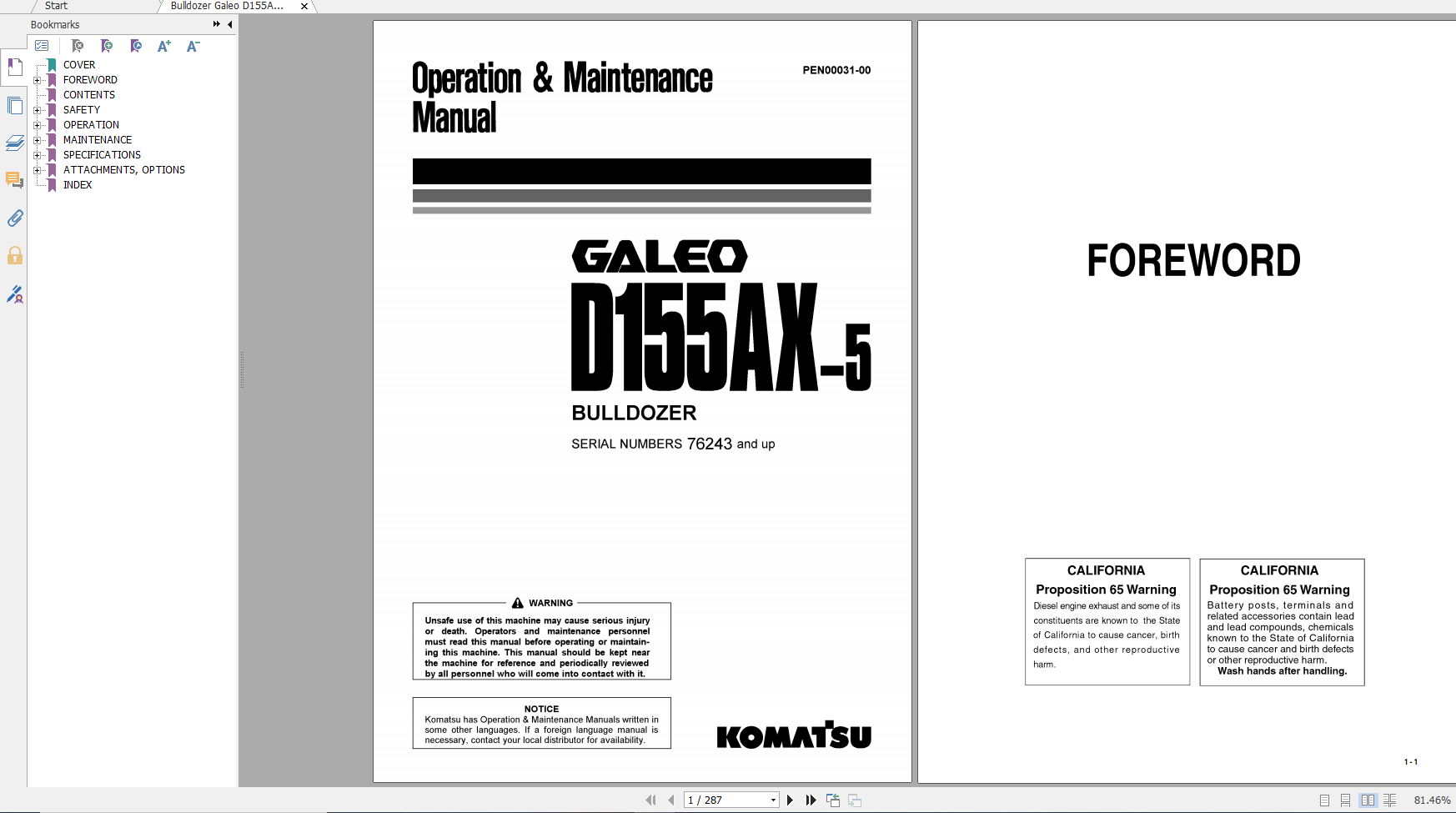 Komatsu Bulldozer Galeo D155AX 5 Operation Maintenance Manual PEN00031 00 2004