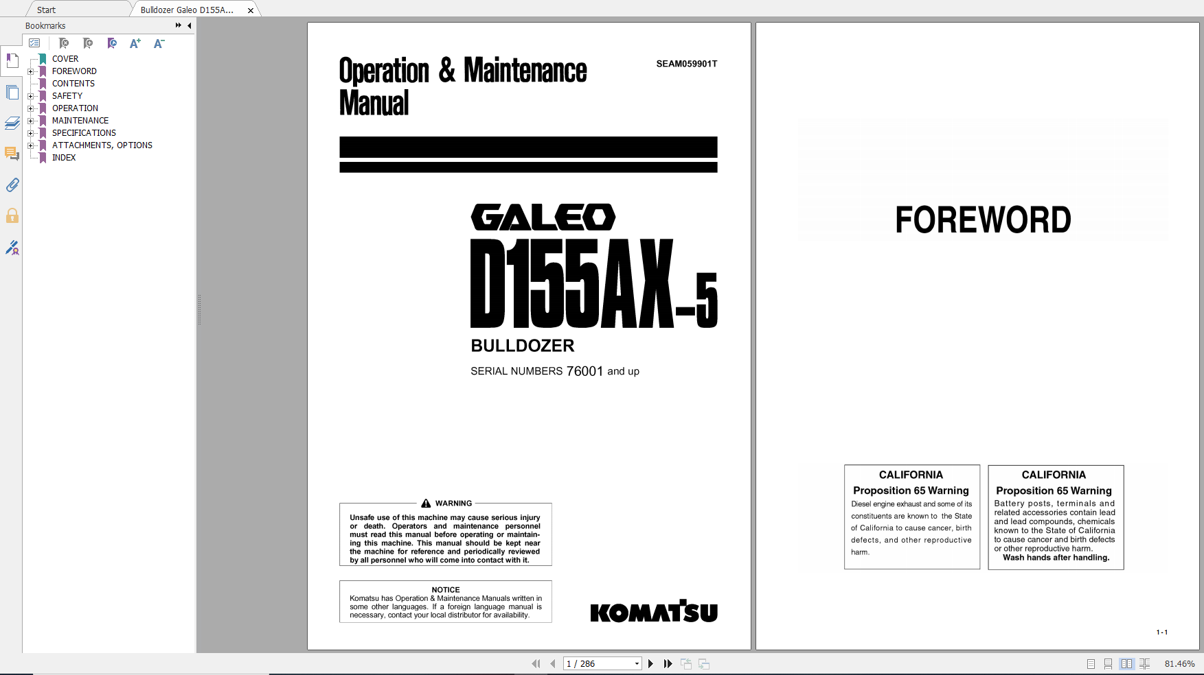 Komatsu Bulldozer Galeo D155AX 5 Operation Maintenance Manual SEAM059901T 2004